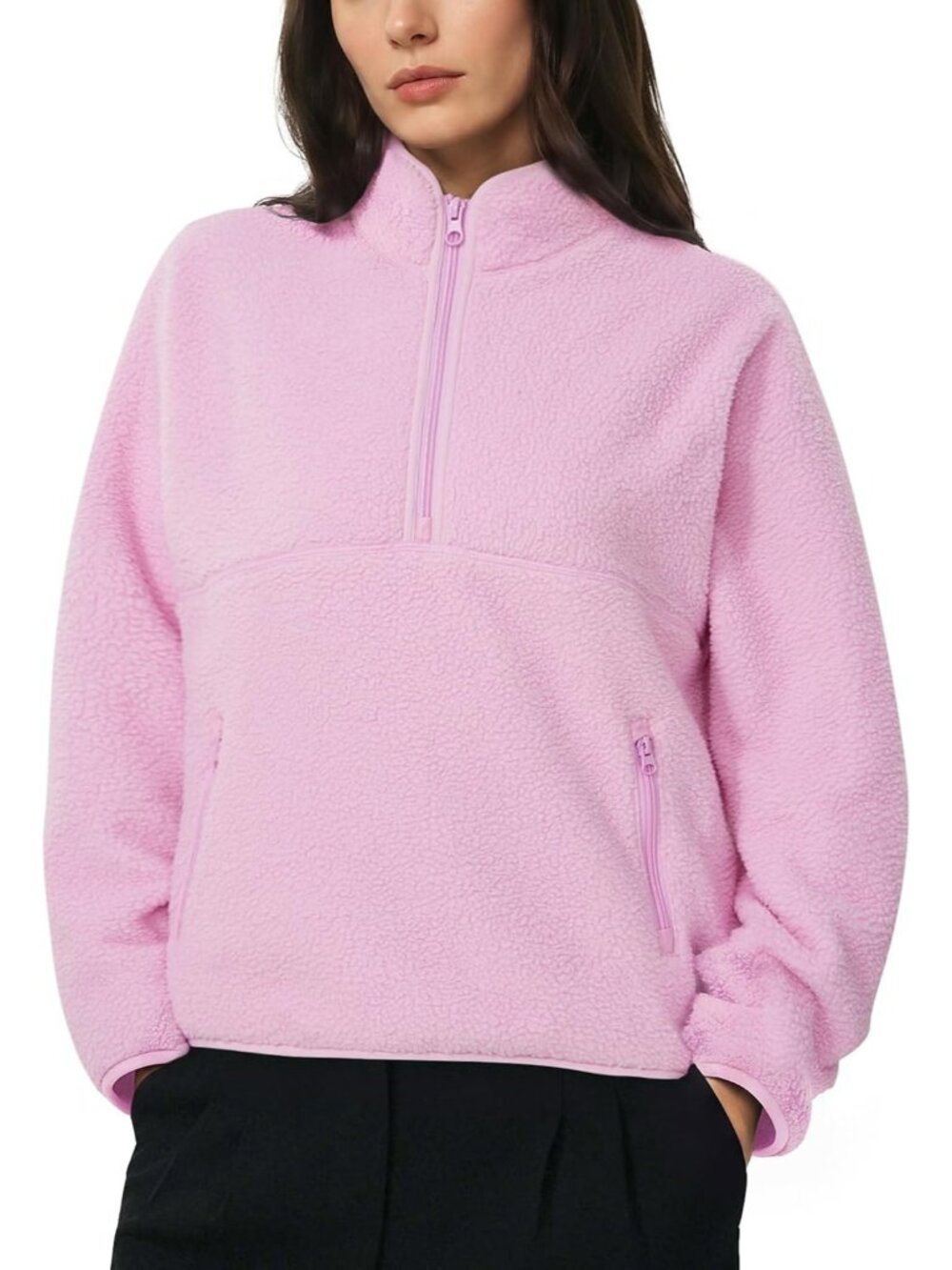 Women's Pink Mock Neck Quarter ZIP Fleece Sherpa Pullover Warm Sweatshirt